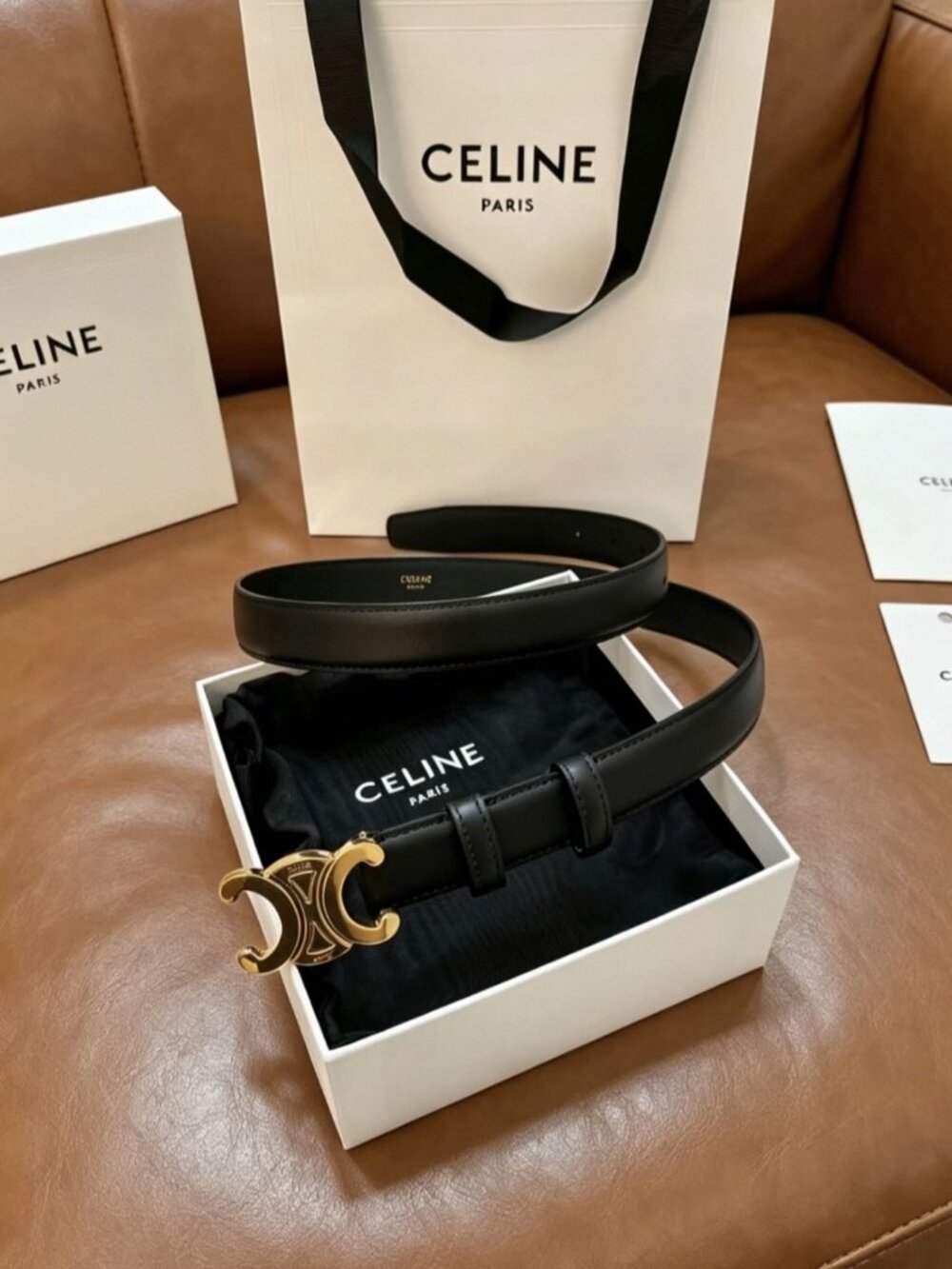 Celine Black Belt 95cm – Gold Buckle, with Original Box